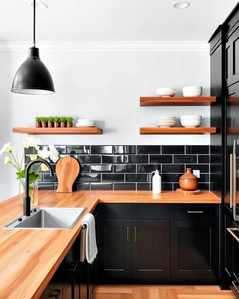 black cabinets with floating wooden shelves