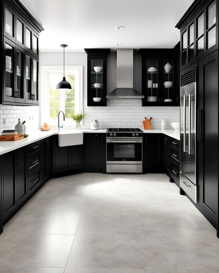 black cabinets with glass fronts