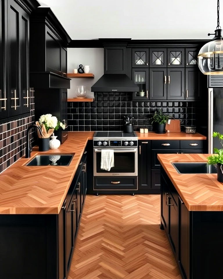 black cabinets with herringbone wood countertop