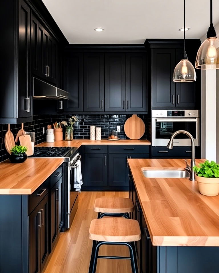 black cabinets with honey toned wood countertop