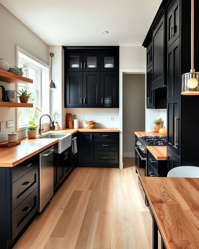 black cabinets with light wood countertop for contrast