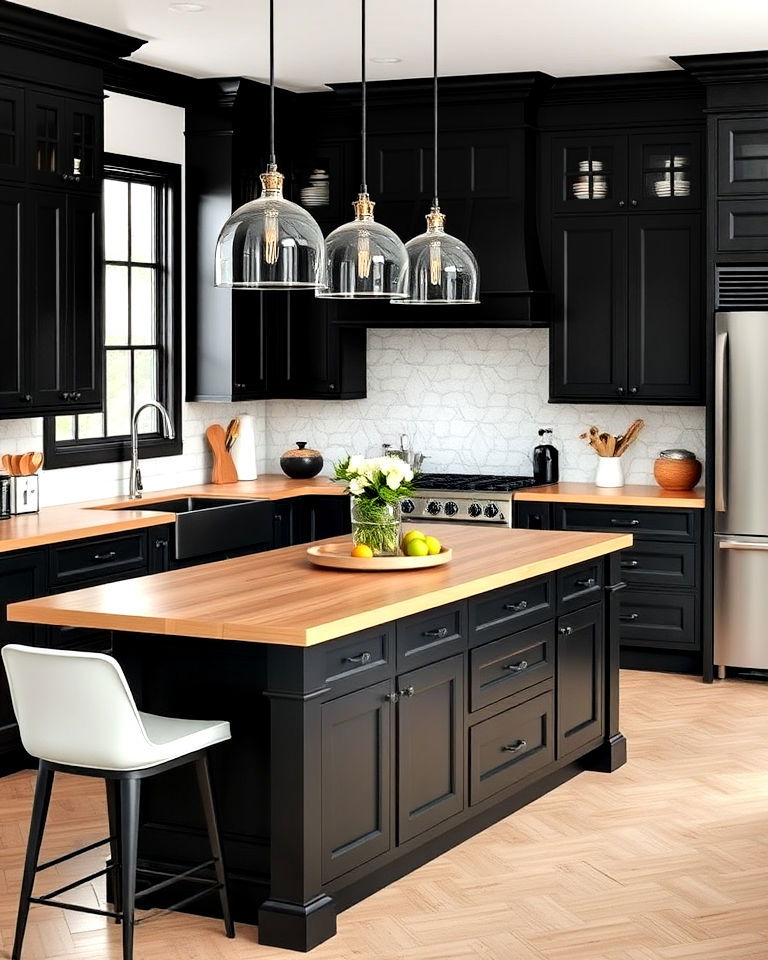 black cabinets with light wood island countertop