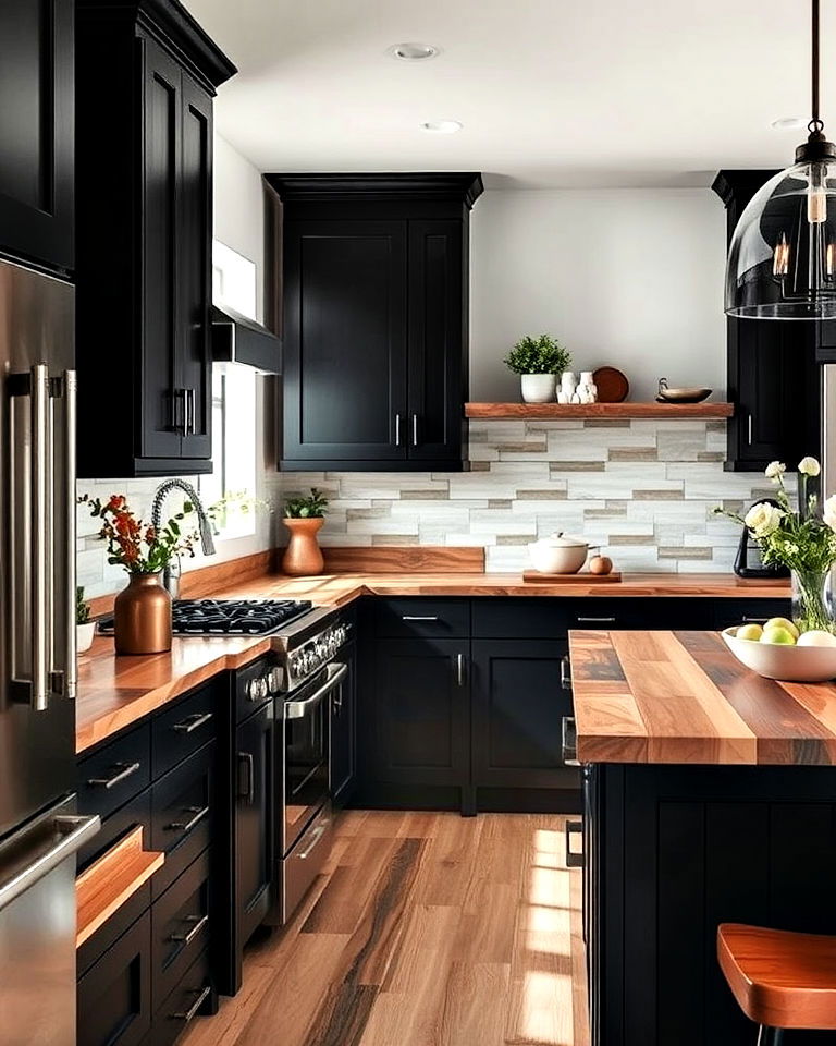 black cabinets with mixed wood countertop