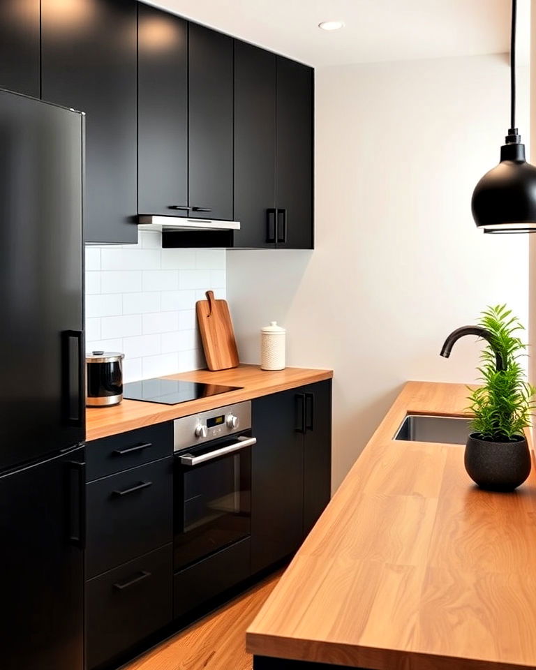 black cabinets with narrow wooden countertop