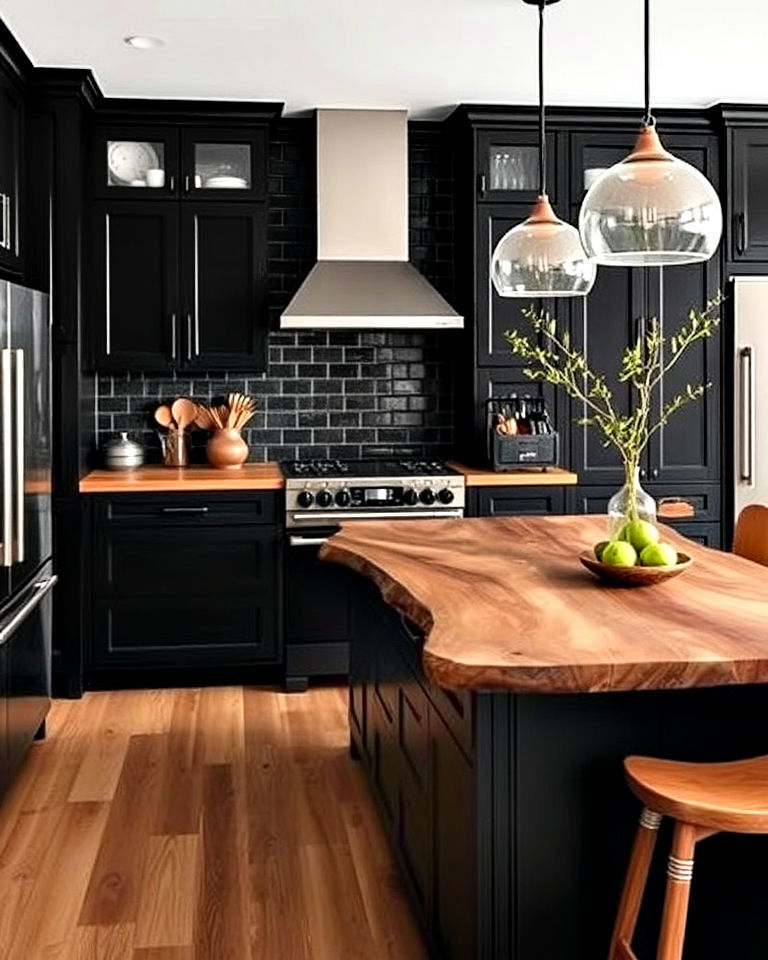 black cabinets with natural edge wood countertop