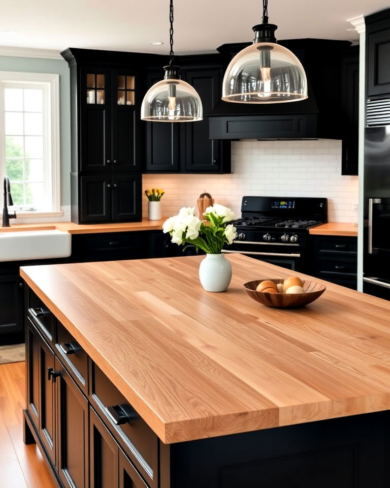 black cabinets with oak countertop