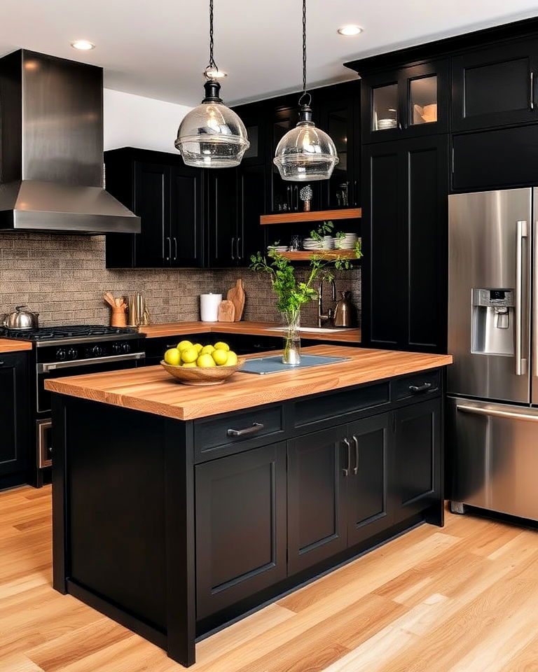 black cabinets with textured wood countertop