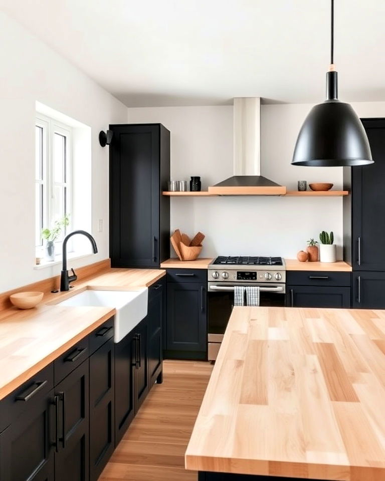 black cabinets with thick wooden countertop