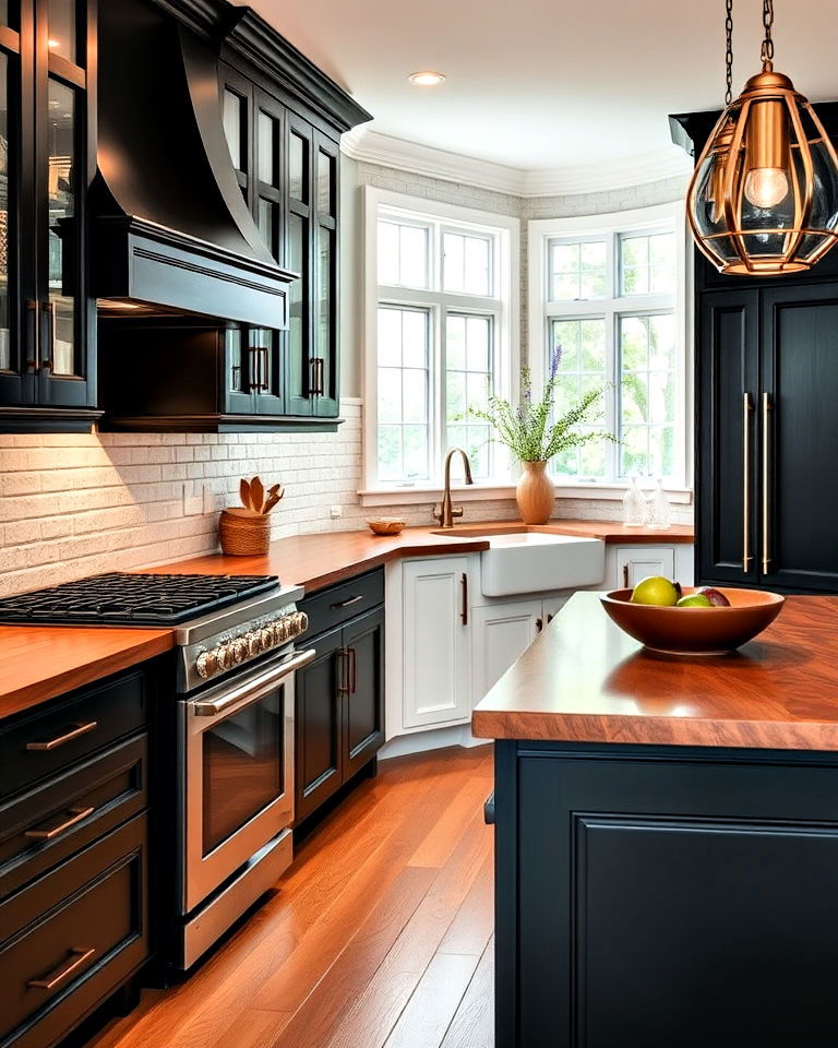 black cabinets with walnut countertop for richness
