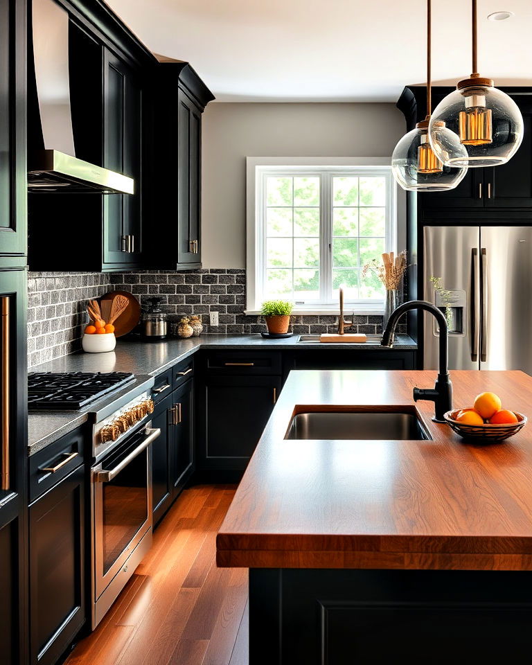 black cabinets with waterfall wood countertop