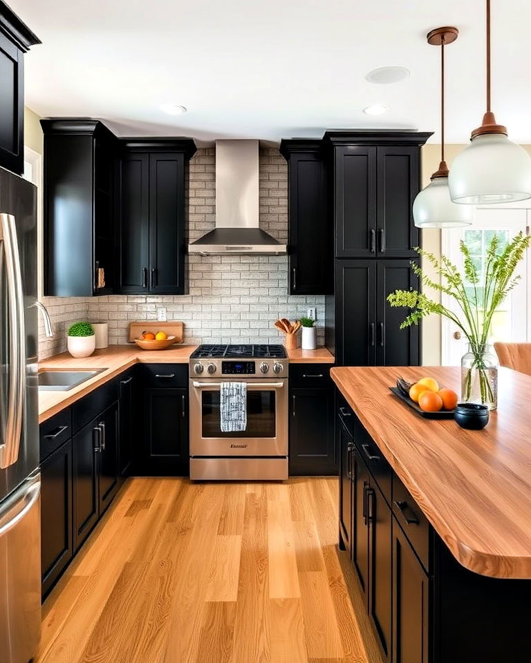 black cabinets with wood look laminate countertop