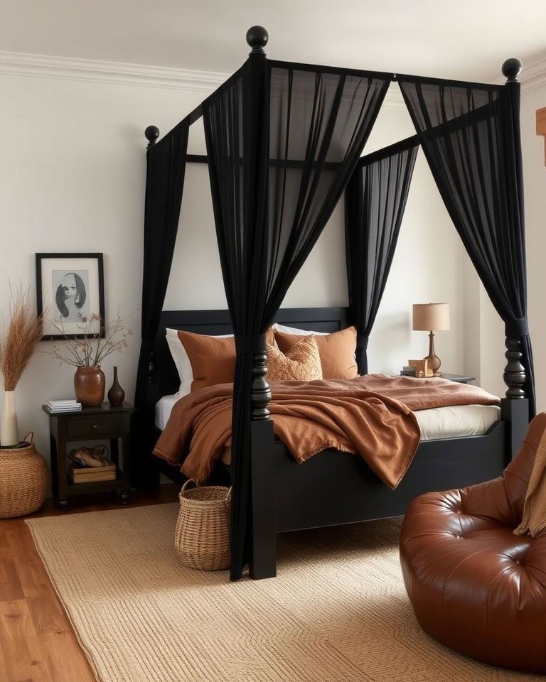 black canopy bed with earthy brown accents
