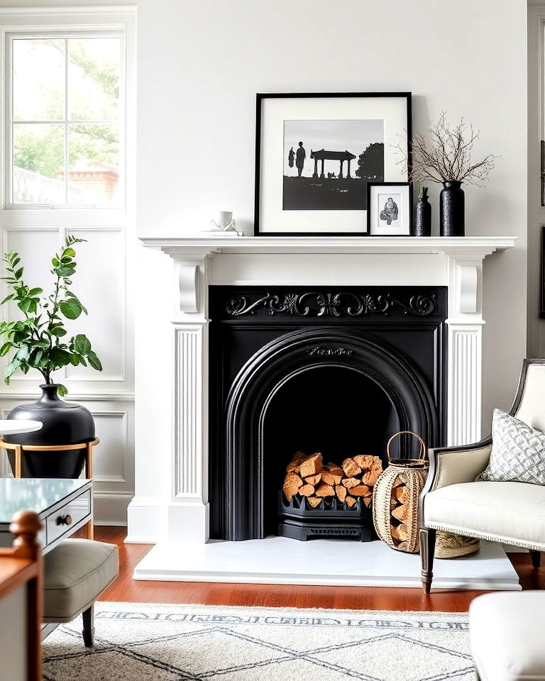 black cast iron fireplace with white mantel