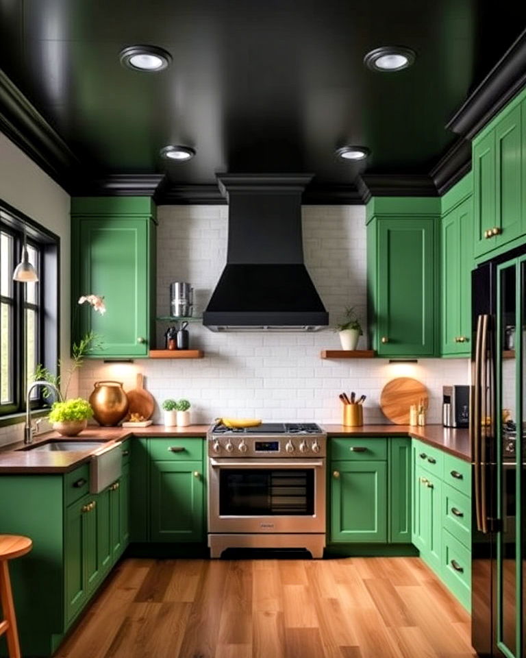 black ceiling with green cabinetry for kitchen