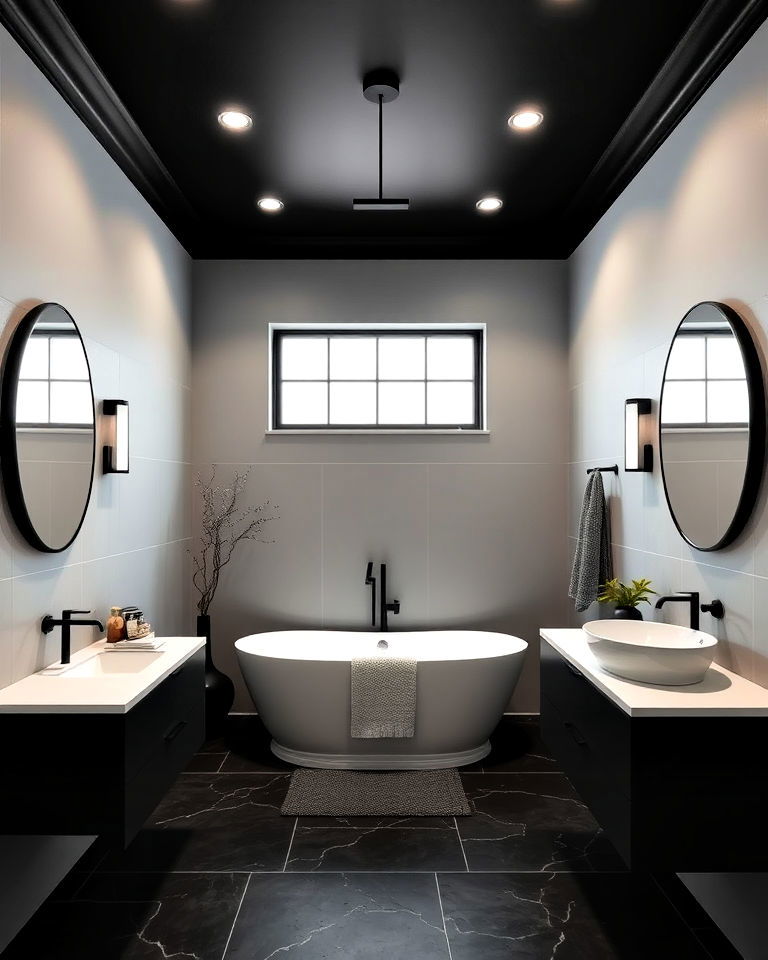 black ceiling with grey walls bathroom