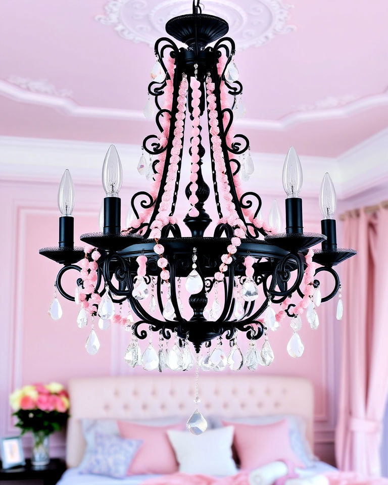 black chandeliers with pastel accents