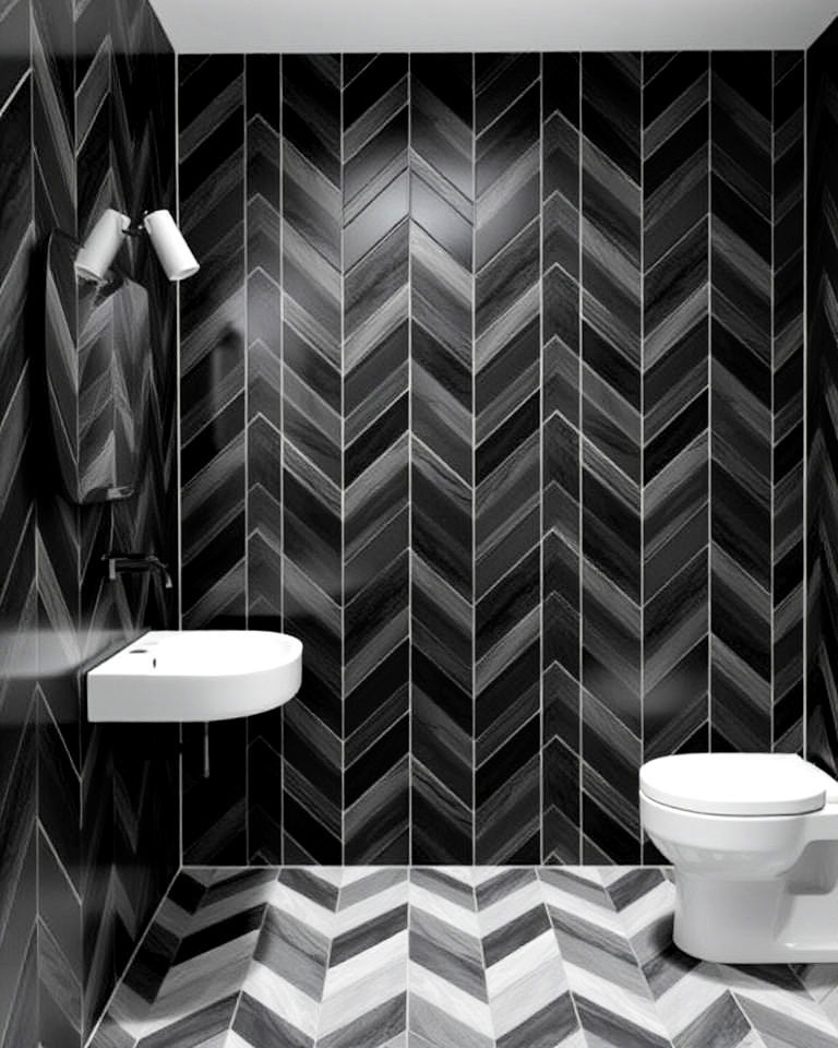 black chevron tiles to add flow to your bathroom