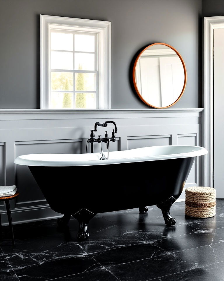 black clawfoot tub with grey walls