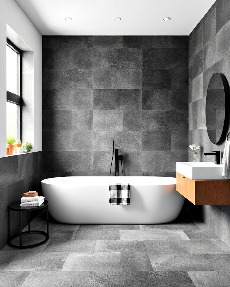 black concrete look tiles for industrial bathrooms