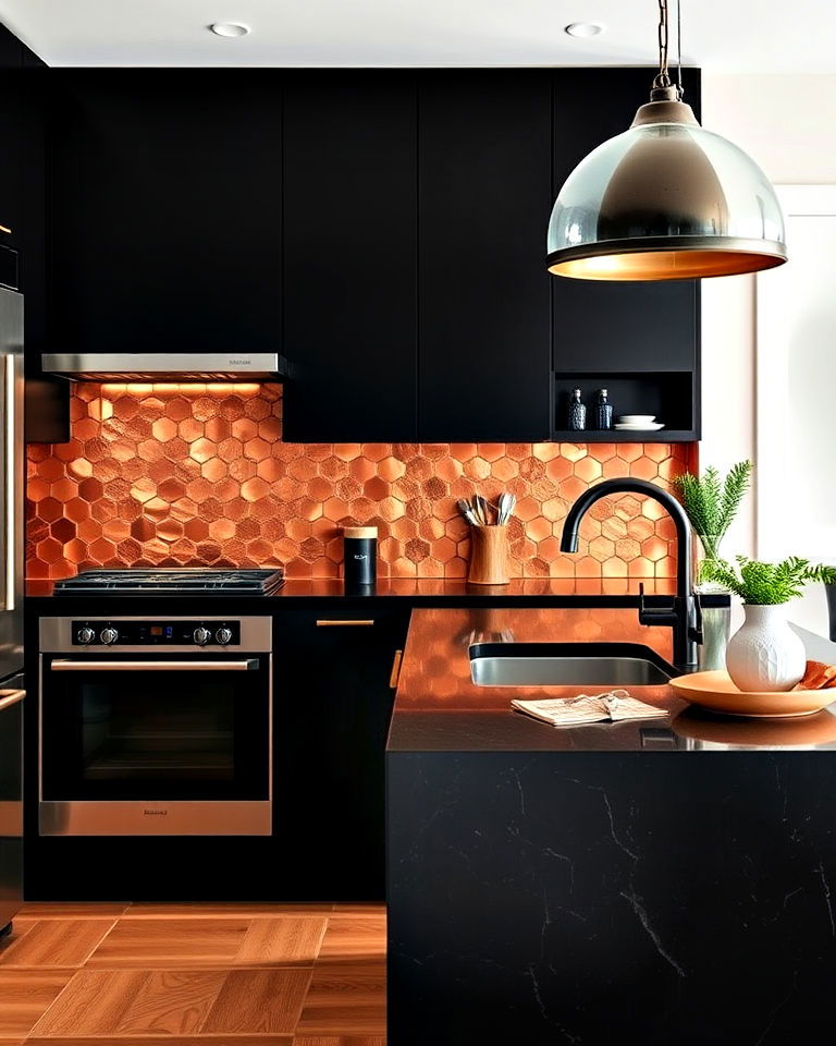 black countertop with copper backsplash