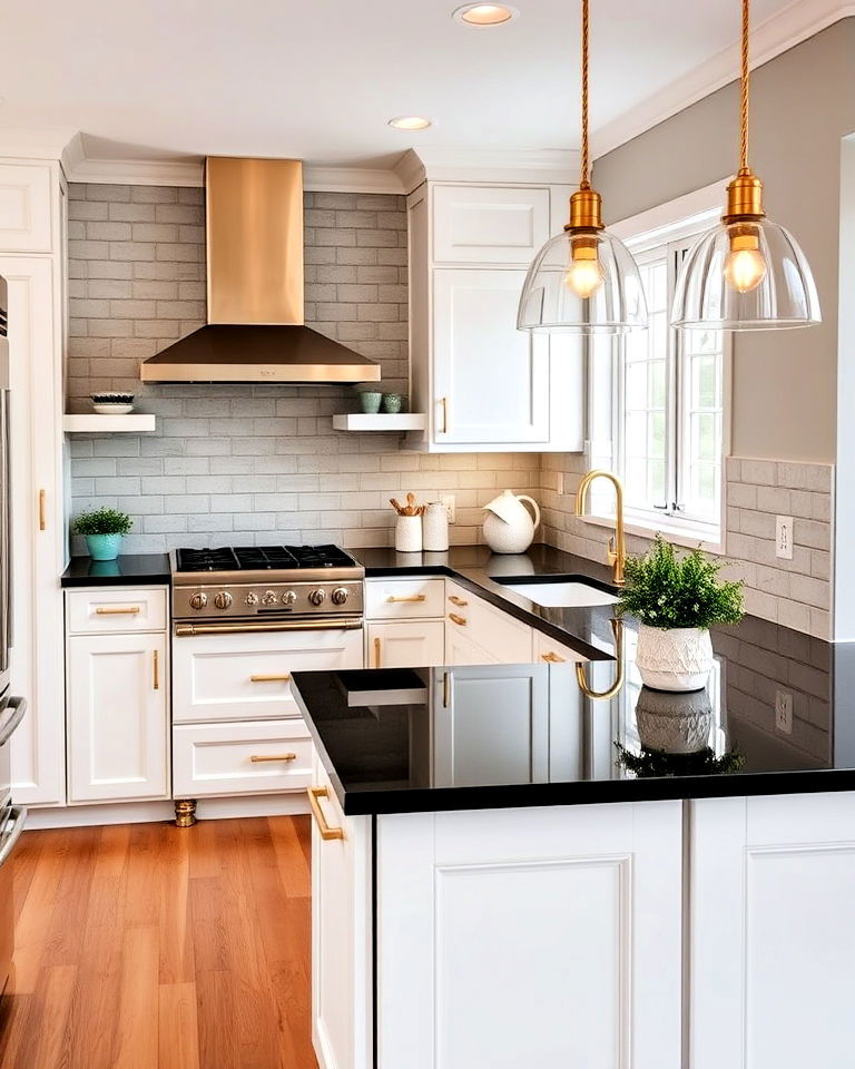 black countertop with gold hardware cabinets