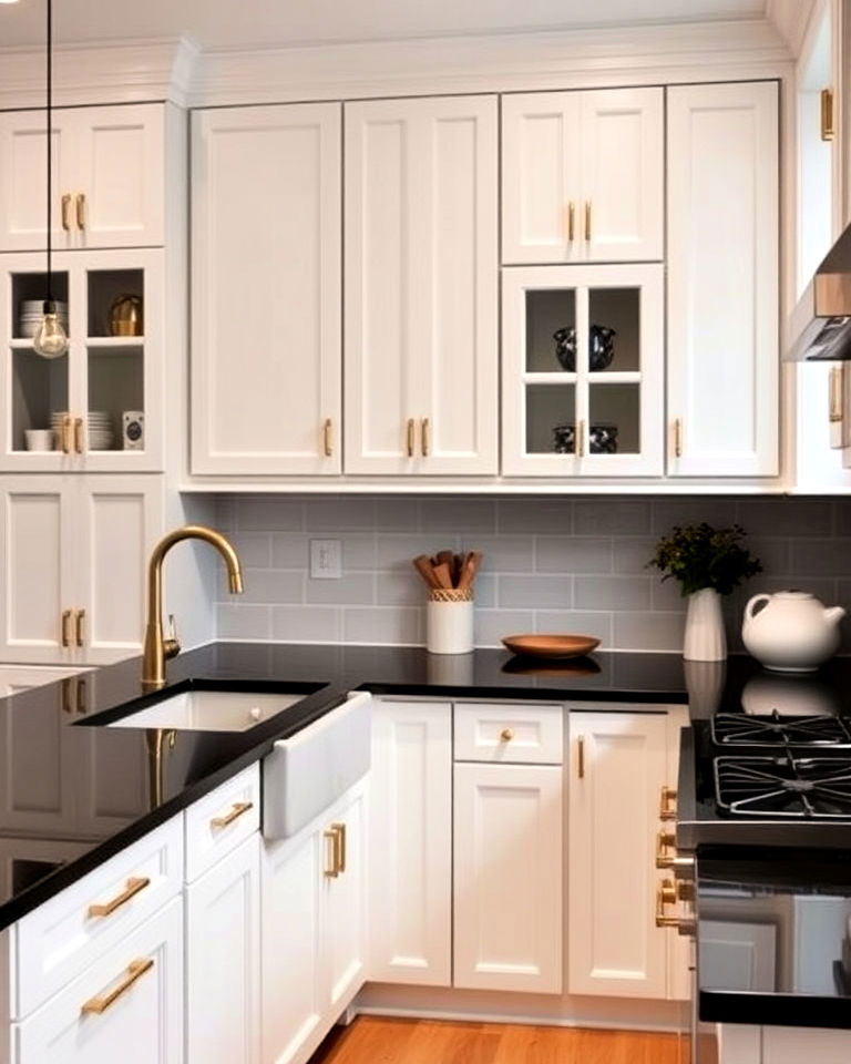 black countertops with white cabinets and gold accents
