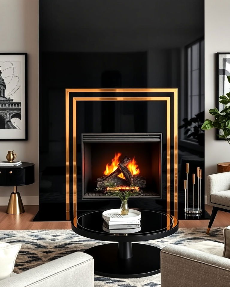 black fireplace and brass art deco style