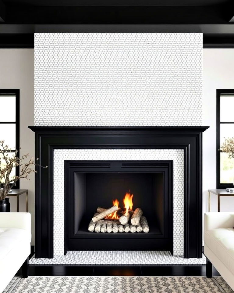 black fireplace frame with white mosaic tile