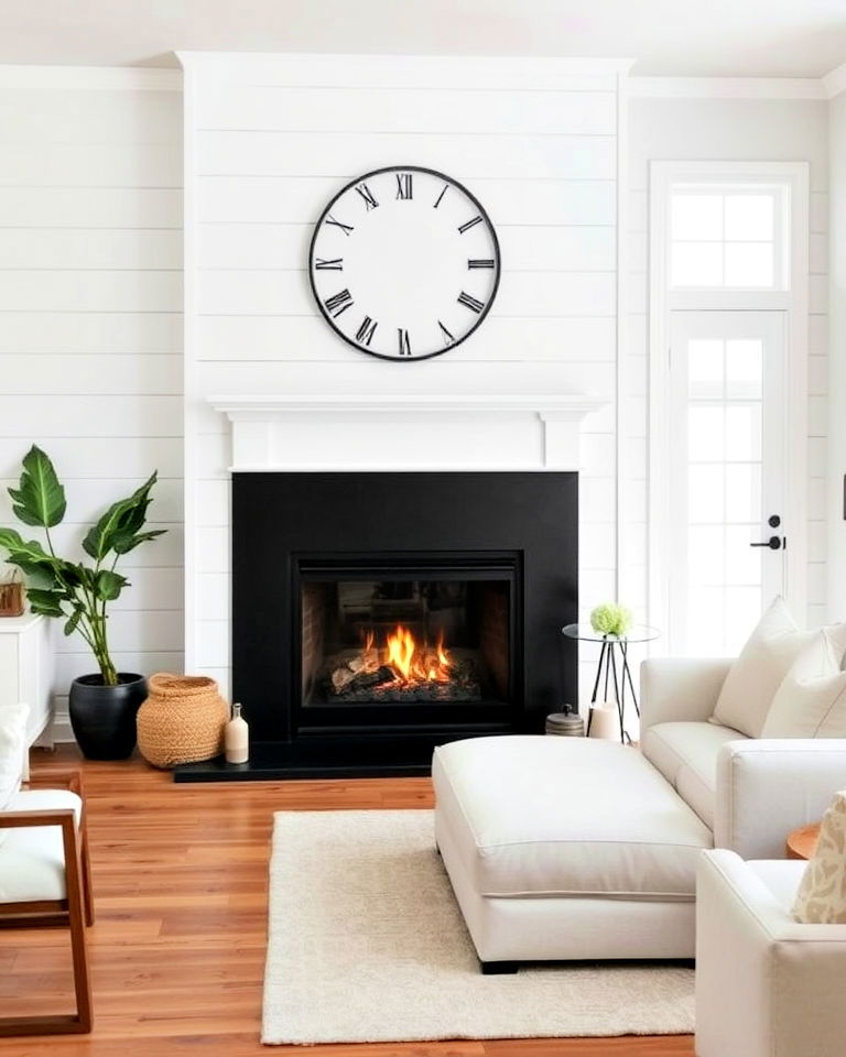 black fireplace hearth with white shiplap surround