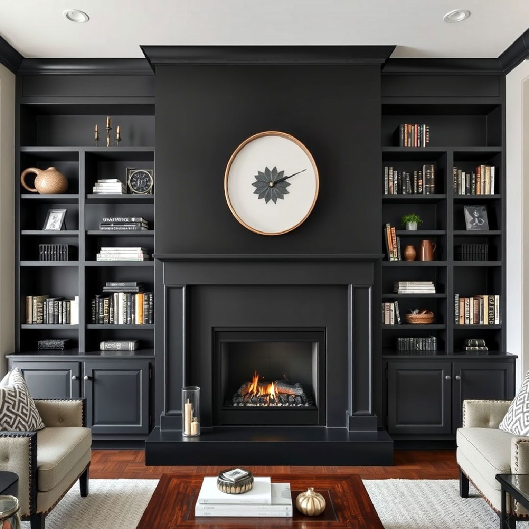 black fireplace with built in shelving