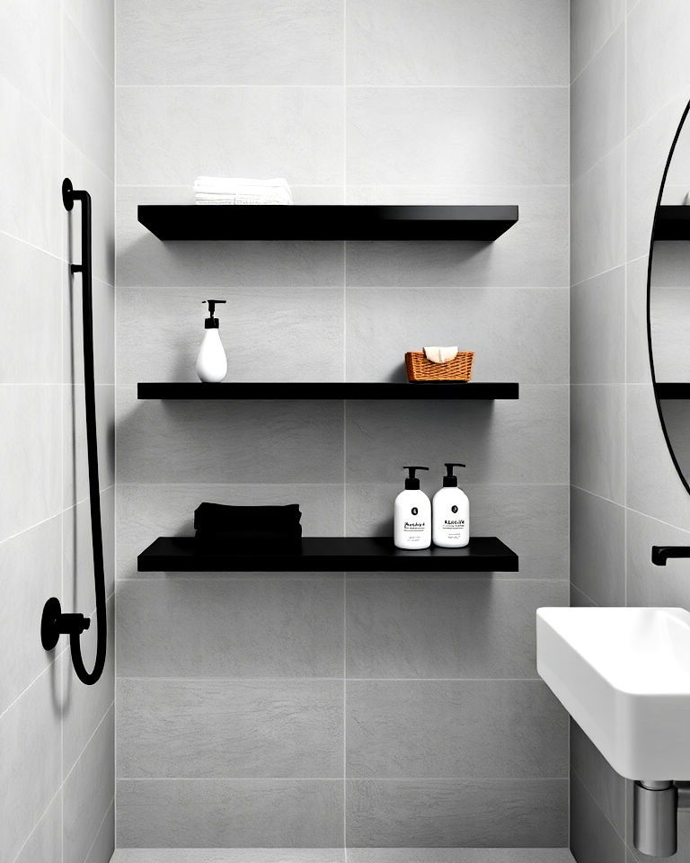 black floating shelves with grey tiled walls in bathroom