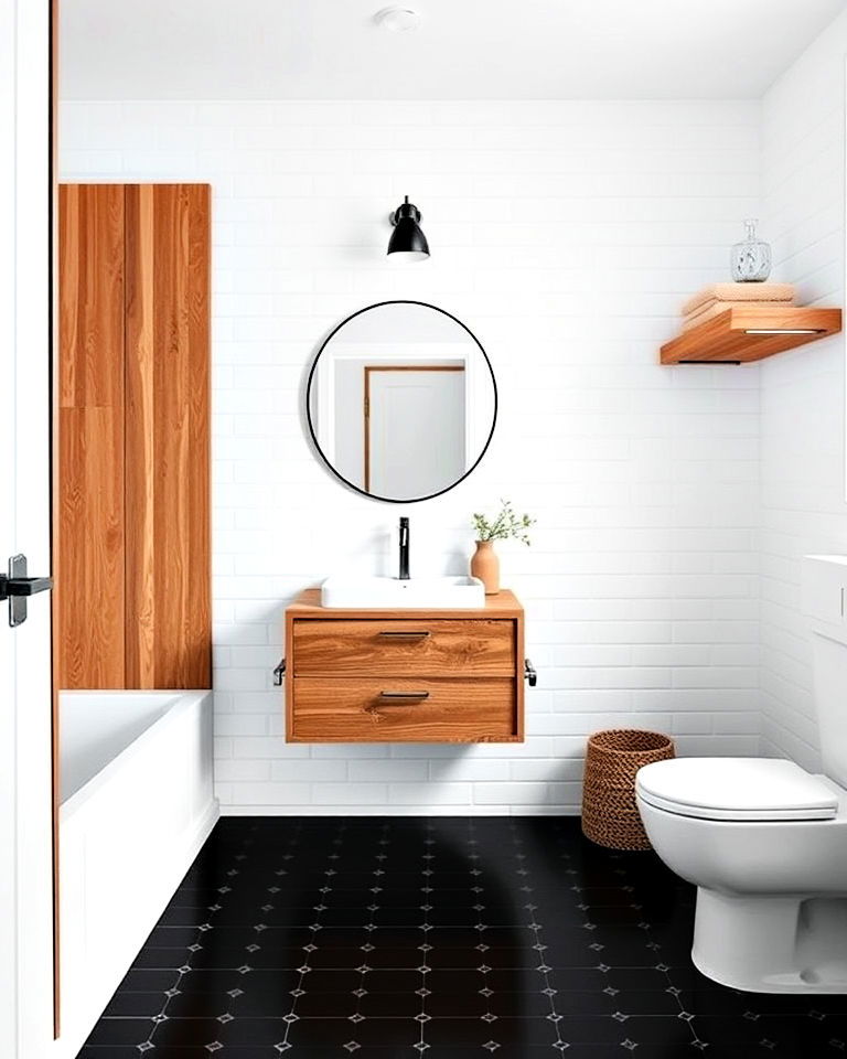 black floor bathroom and white walls with wooden accents