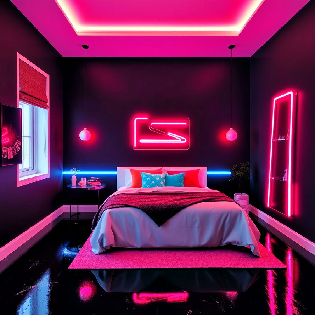 black floor bedroom with neon accents