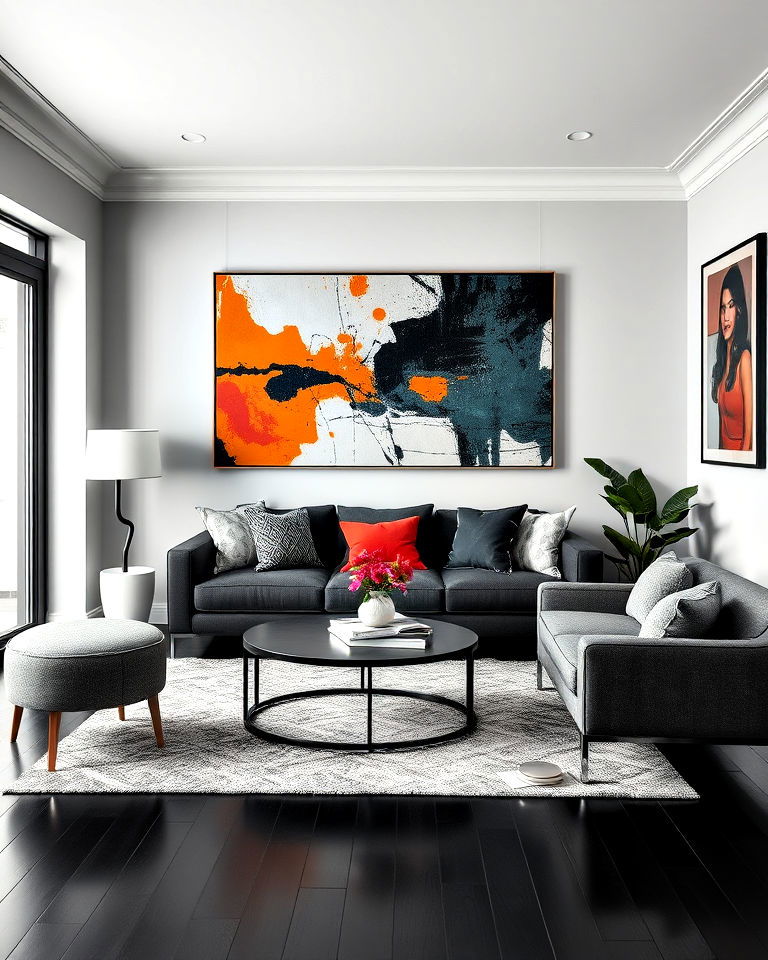 black floor living room with bold wall art