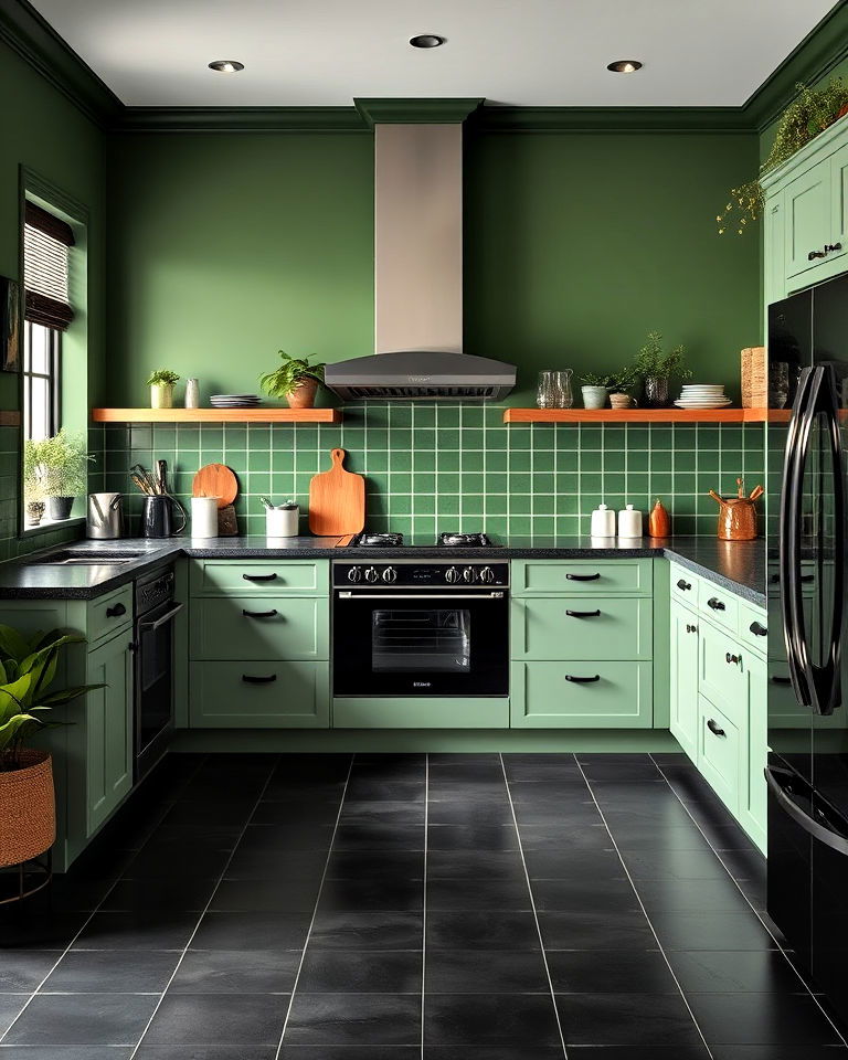 black floor tiles with green walls for kitchen