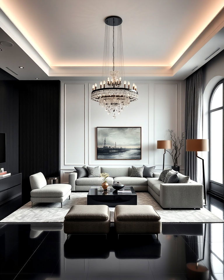 black floor with bold lighting fixture