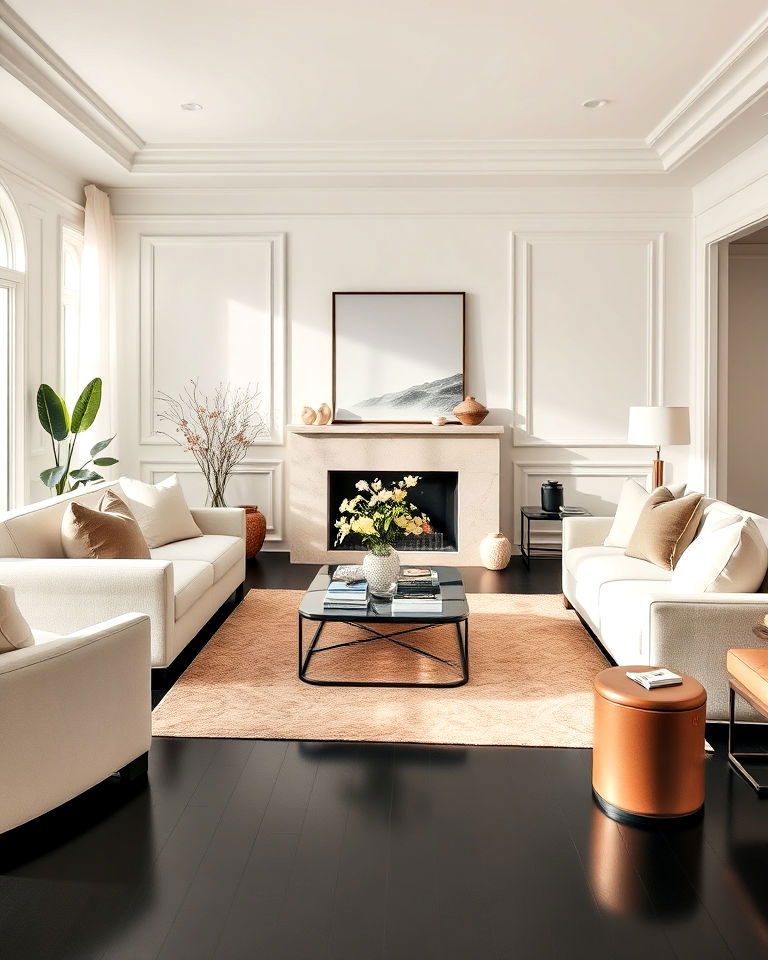 black floor with neutral tone living room