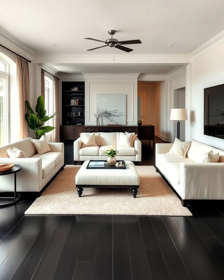 black floor with neutral upholstery design