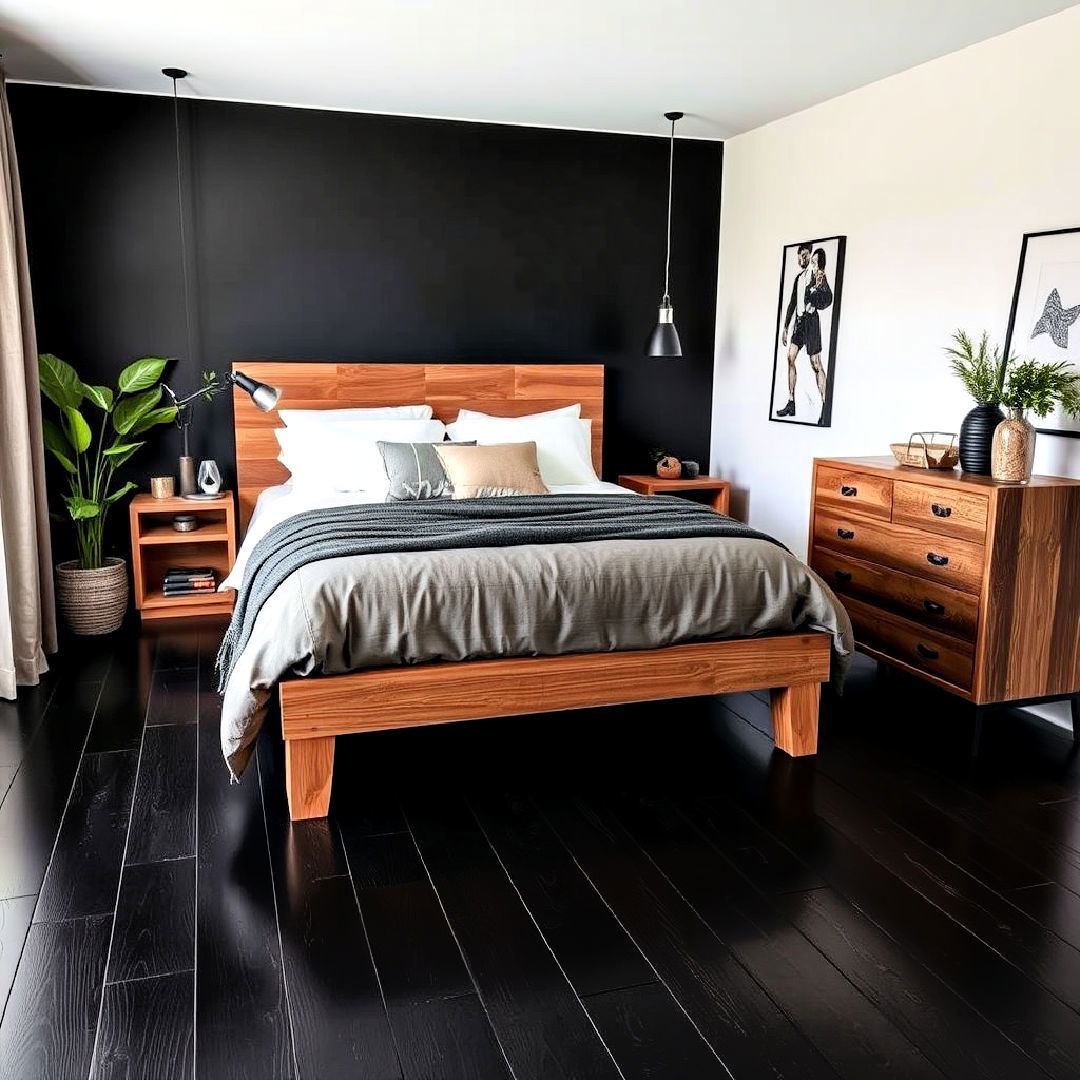 black floorboards bedroom with natural wood accents