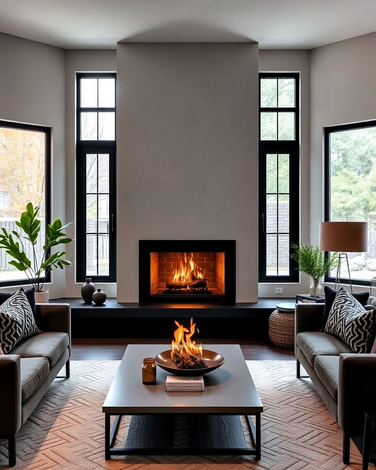 black framed fireplace nestled between windows