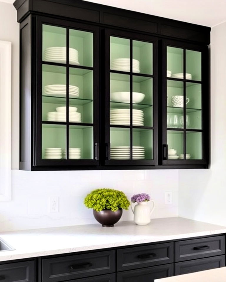 black framed glass cabinets with sage green interior kitchen