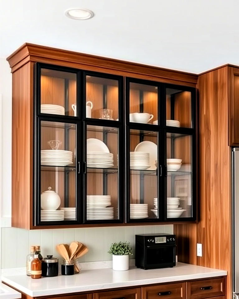 black framed glass kitchen cabinets for an industrial look