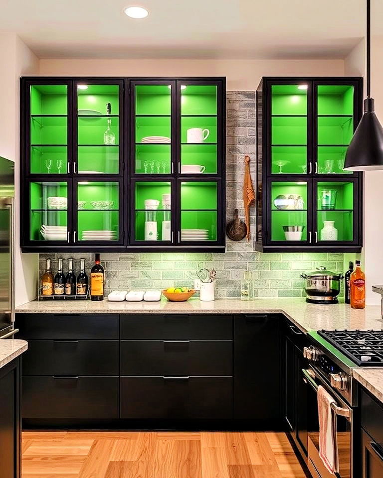 black framed green kitchen cabinets for a modern look