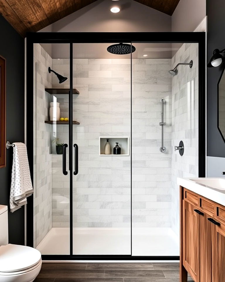 black framed shower enclosure for barndominium bathroom
