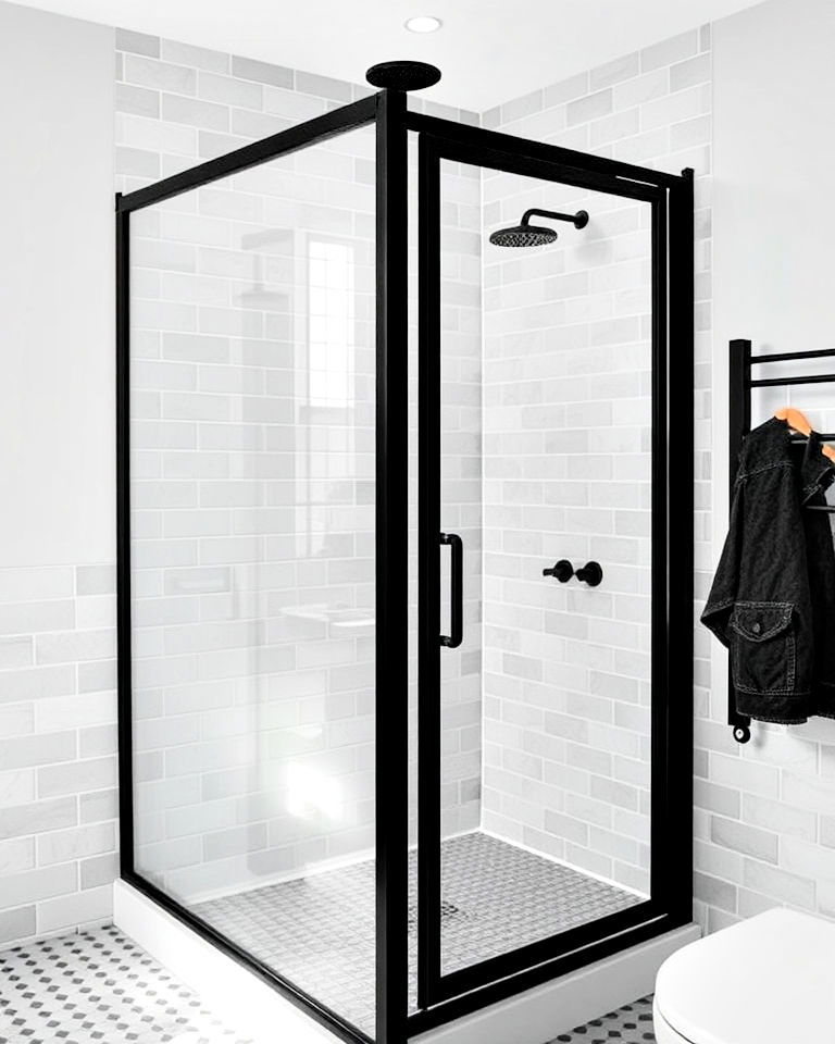 black framed shower with grey subway tiles