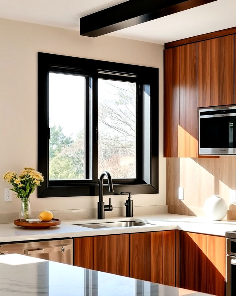 black framed windows for a bold contrast kitchen