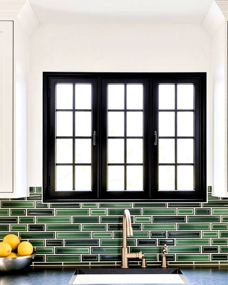 black framed windows paired with a green tile surround