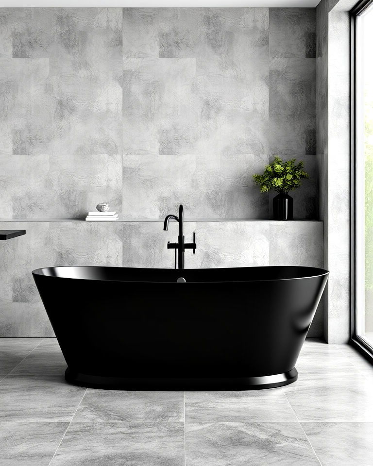 black freestanding tub with grey flooring