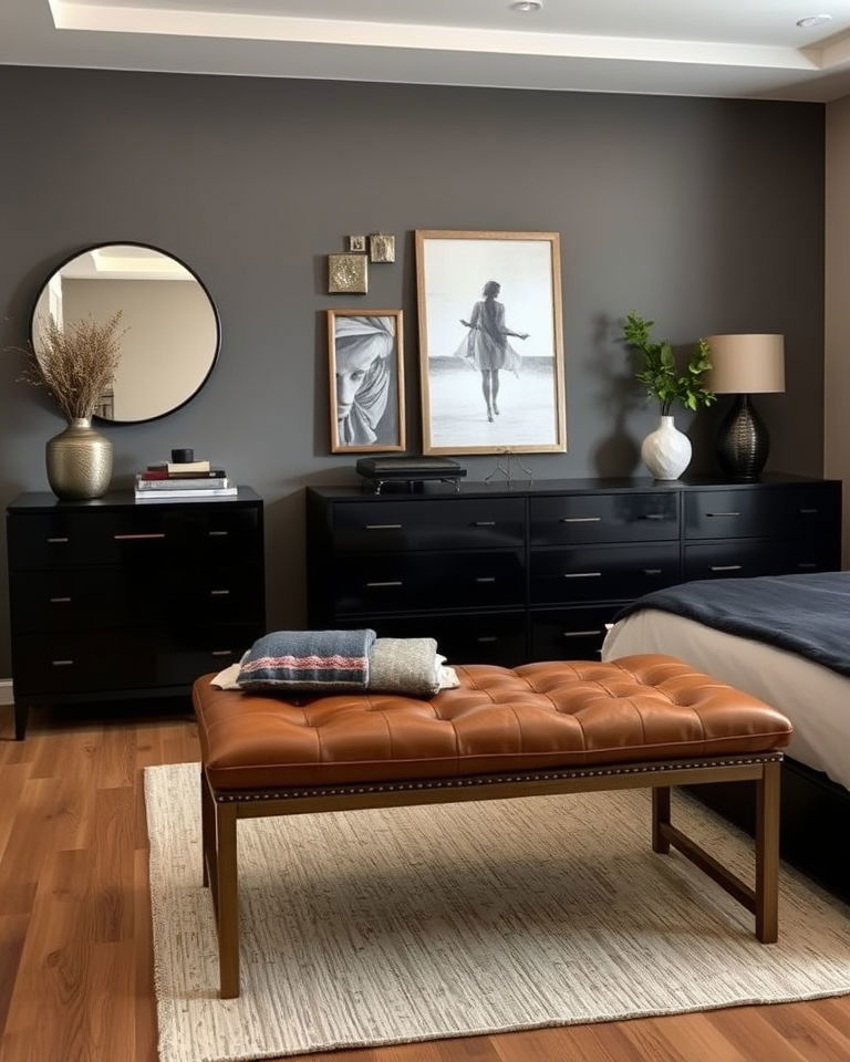 black furniture with brown leather accents