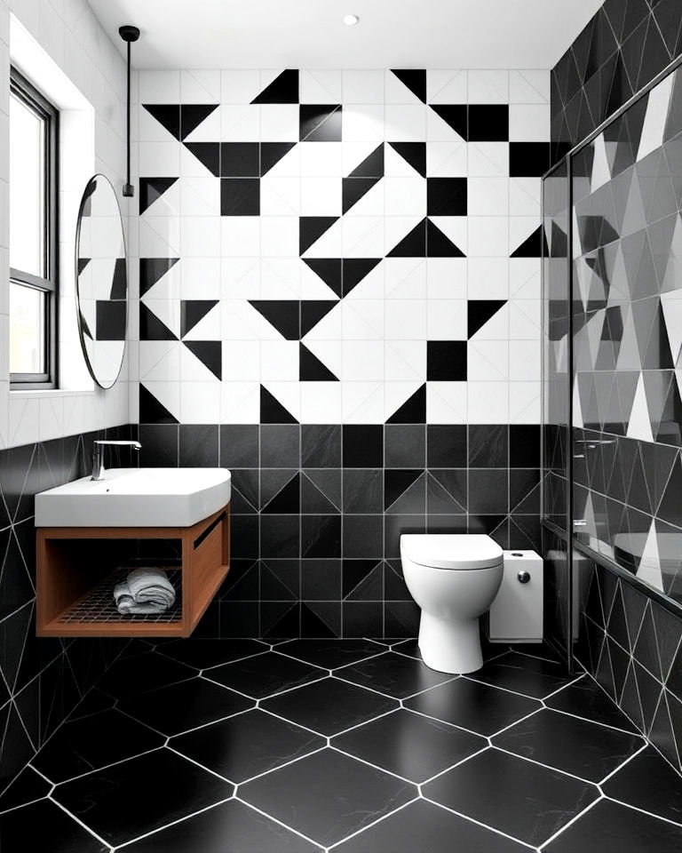 black geometric tiles to elevate your bathroom look